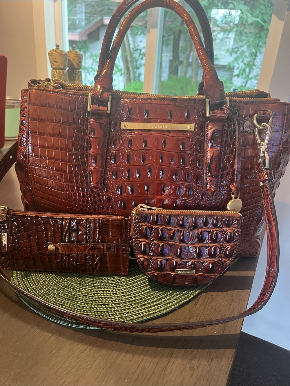 BRAHMIN Lincoln Pecan Melbourne Croc Leather Handbag W/Card Wallet/Change Purse